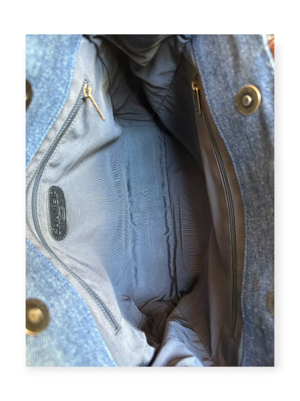Vintage Chanel Blue Denim CC Logo Tote Bag | Brown Leather Trim - Picture 5 of 8